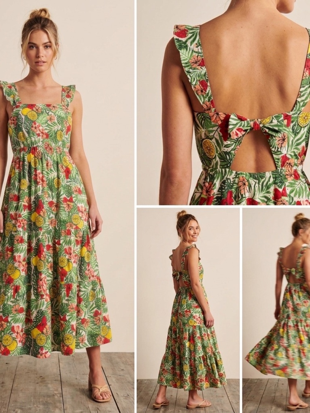 Miljuschka By Wehkamp Green Tropical Print Cotton Back Tie Midi Dress Women’s 38